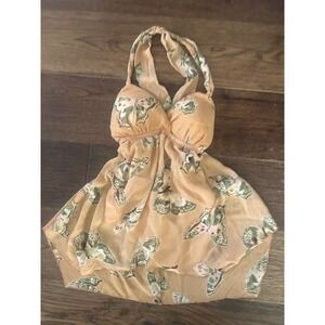 Jordache butterfly Print Halter Babydoll Top Gold Metallic Sheer Fairycore Y2K